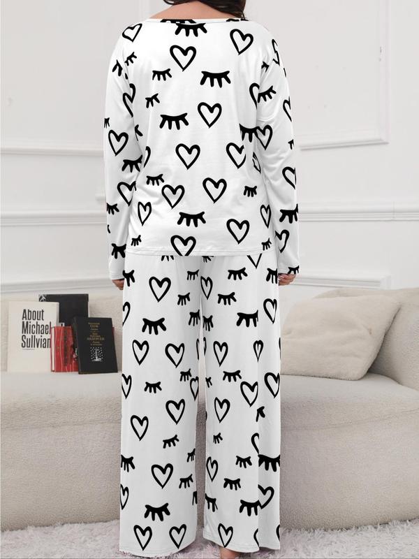 Two-piece Set Plus Size Heart Print Pajama Set Women, Round Neck Long Sleeve Tee & Elastic Waist Pants Lounge Set, Comfortable Loungewear, Pj Sets for Women, Soft Homewear for Spring & Fall