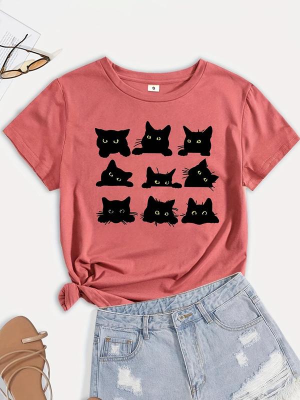 Women's Cartoon Cat Print Short Sleeve Tee, Casual Fashion Round Neck T-shirt, Summer Clothes Women, Women's Top for Daily Wear