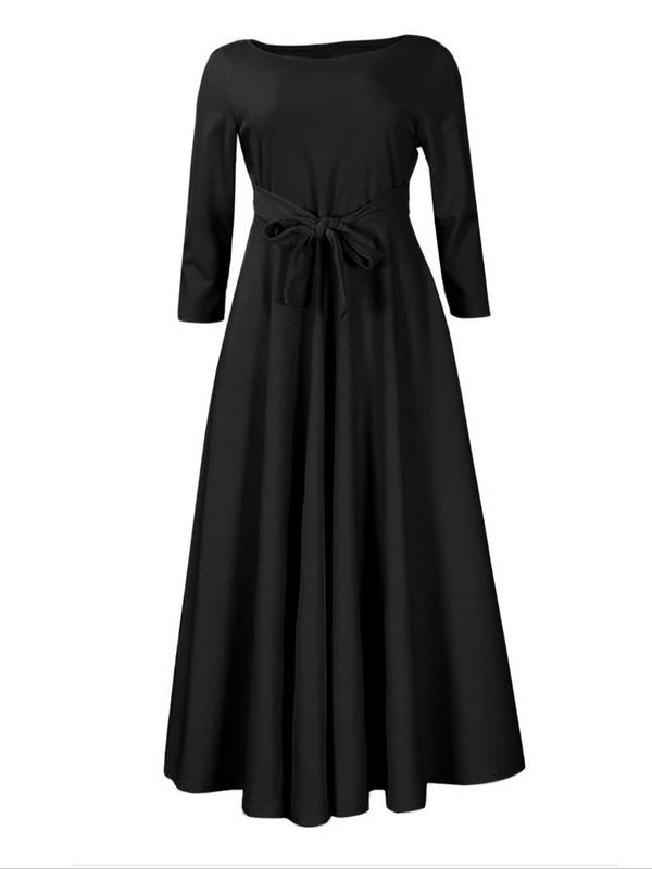  Solid Color Tie Front Boat Neck A Line Dress, Elegant 3 4 Sleeve High Waist Dress for Party Holiday Wedding Guest, Women's Clothes for Fall & Winter