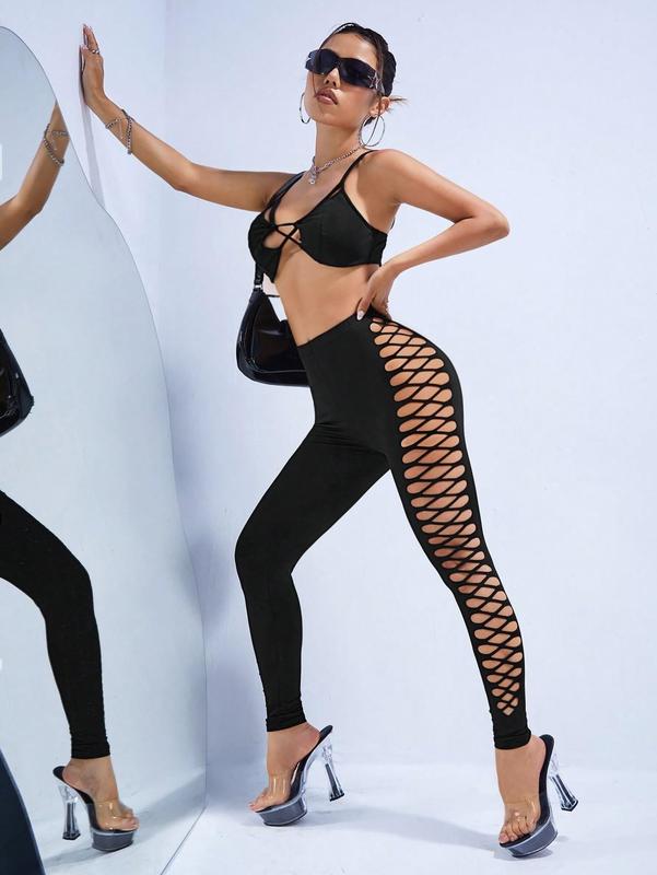 Cut Out  Leggings Criss Cross Skinny Pants Party Clubwear