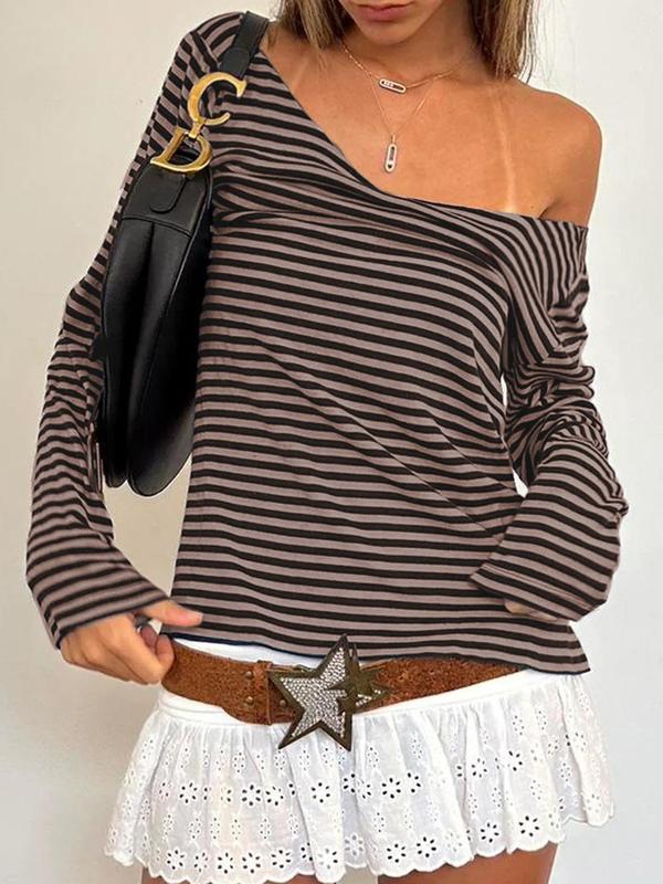 Women's Striped Print V Neck Tee, Casual Top, Long Sleeve T-shirt for Fall & Winter, Women's Clothing for Daily Wear