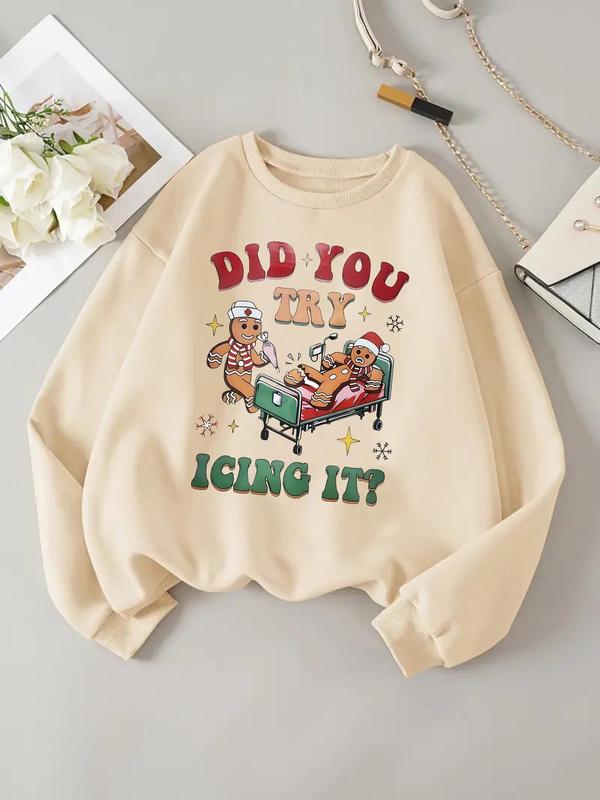 Women's Cartoon Gingerbread Man & Letter Print Drop Shoulder Sweatshirt, Casual Long Sleeve Round Neck Pullover for Daily Wear, Ladies Clothes for All Seasons