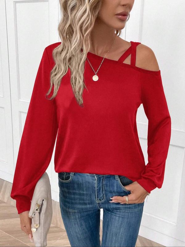 Women's Plain Criss Cross Asymmetrical Neck Tee, Elegant Casual Long Sleeve T-shirt for Spring & Fall, Women's Top for Daily Wear