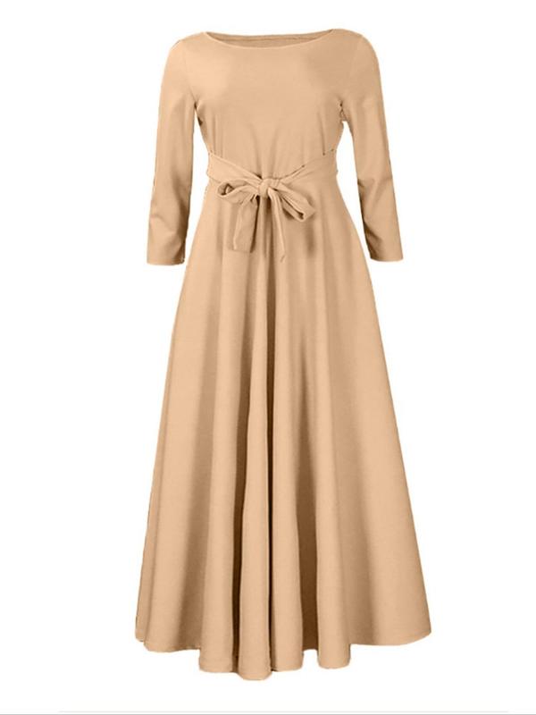  Solid Color Tie Front Boat Neck A Line Dress, Elegant 3 4 Sleeve High Waist Dress for Party Holiday Wedding Guest, Women's Clothes for Fall & Winter