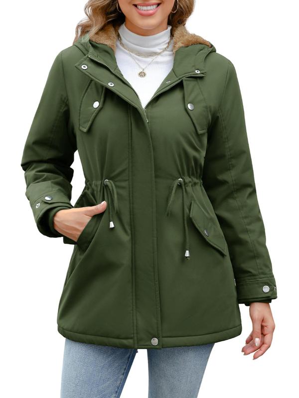 Women's Solid Color Button Front Pocket Zipper Hooded Coat, Casual Long Sleeve Waterproof Coat for Fall & Winter, Women's Outwear Clothing for Daily