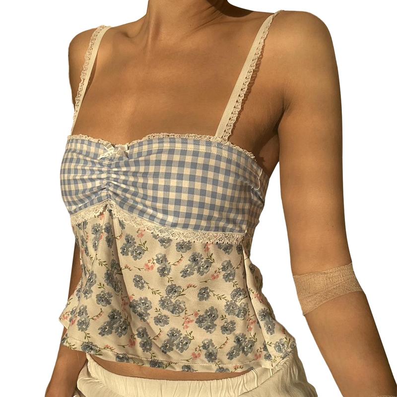 y2k Lace Trim Crop Top Women Floral Patchwork Spaghetti Strap Sleeveless Tie Up Backless Tanks Fairy Grunge Clothes