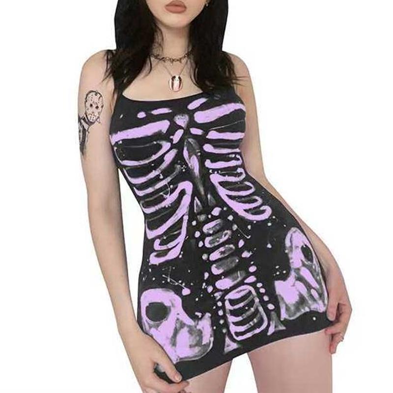 Women Halloween Gothic Bodycon Dress Vintage Spaghetti Strap Sleeveless Skeleton Print Punk Cosplay Dress Goth Grunge Streetwear