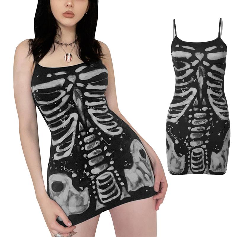 Women Halloween Gothic Bodycon Dress Vintage Spaghetti Strap Sleeveless Skeleton Print Punk Cosplay Dress Goth Grunge Streetwear