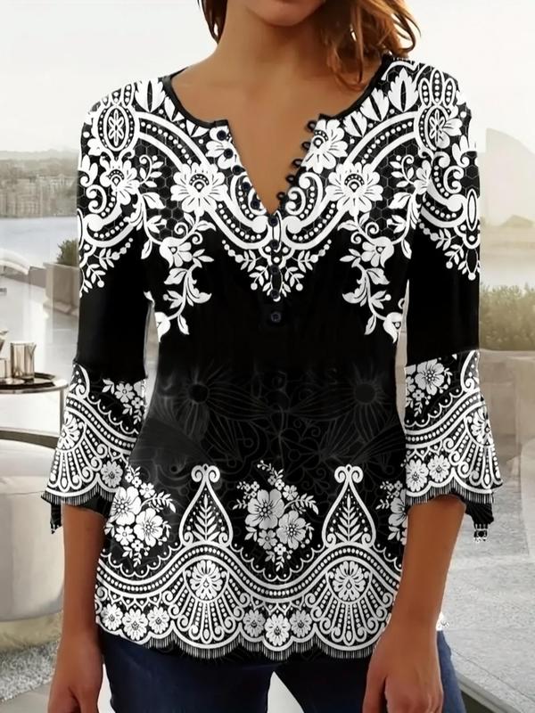 Plus Size Paisley Print Button Front Tee, Boho Notched Neck Flounce Sleeve Top for Women, Women's Plus Clothing for All Seasons