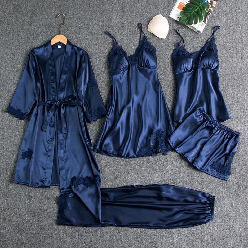 5PC Silk Robe Sleep Suit Womens Lace Satin Pajamas Gown Set V-Neck Cami Nighties Wear Pijama Home Nightwear Spring Nightdress