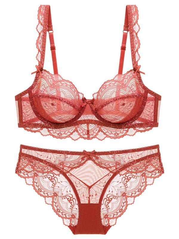 Women's Plain Lace Bra & Panty Two-Piece Set, Push Up Underwired Bra & Panty, Lingerie Set for Women