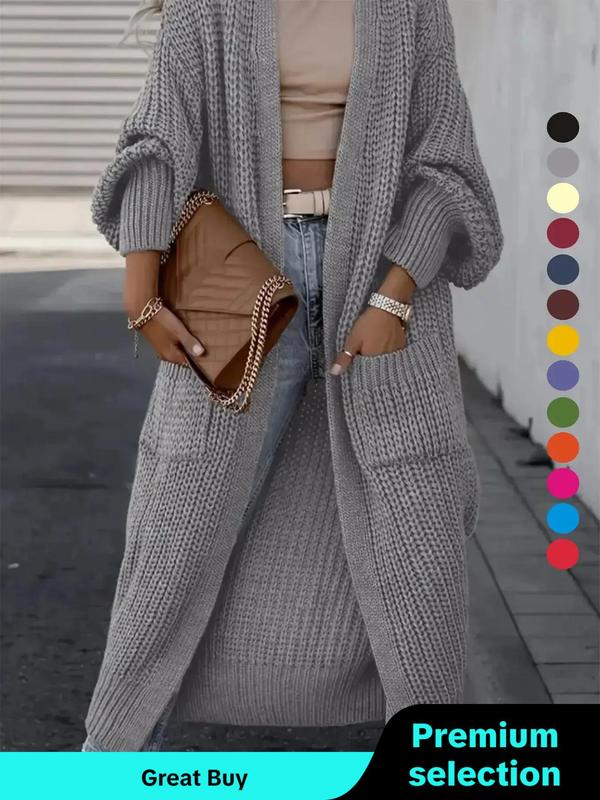 Women's Solid Drop Shoulder Long Cardigan, Casual Pocket Long Sleeve Sweater Cardigan, Cardigan for Women, Ladies Knitwear for Fall Daily Wear, Comfort Knitting Womenswear