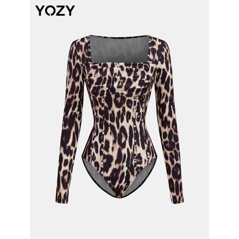 YOZY Women's Floral Print Ruched Corset Ribbed Bodysuit, Snap Button Closure Crtoch Long Sleeve Square Neck Bodysuit for for Fall Holiday, Women's Clothes for Daily Wear Womenswear Tops Comfort Longsleeves tops long sleeve