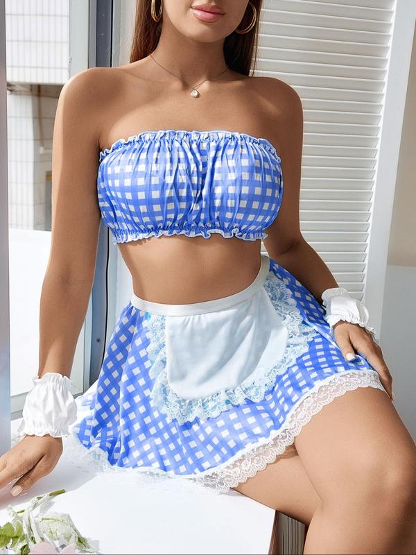 Women's Plaid Print Crop Tube Top & Patchwork Contrast Lace Skirt & Frill Trim Wristbands Set, Romantic Sexy Costume Set, Ladies Lingerie Nightwear