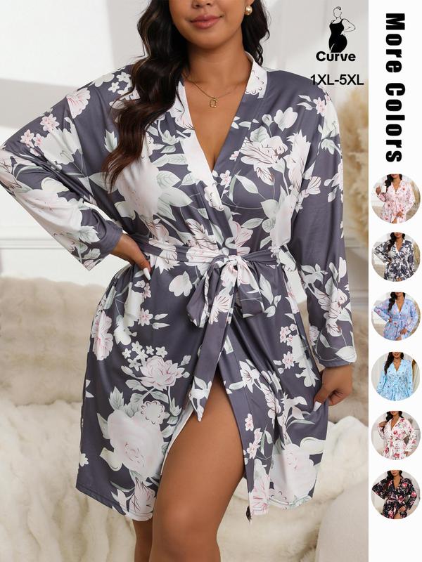 Plus Size Butterfly & Floral Print Belted Wrap Lounge Robe, Casual Long Sleeve V Neck Tie Front Pajama Robe,  Pajama Sets Women, Women's Sleepwear for All Seasons