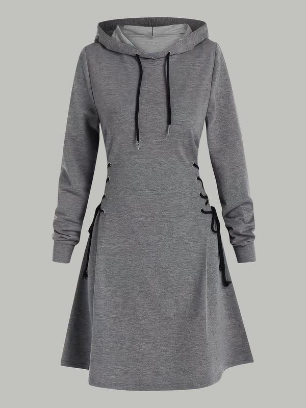 Women's Plain Lace Up Drawstring Hooded Dress, Casual Long Sleeve Dress for Spring & Fall, Women's Clothing for Daily Wear