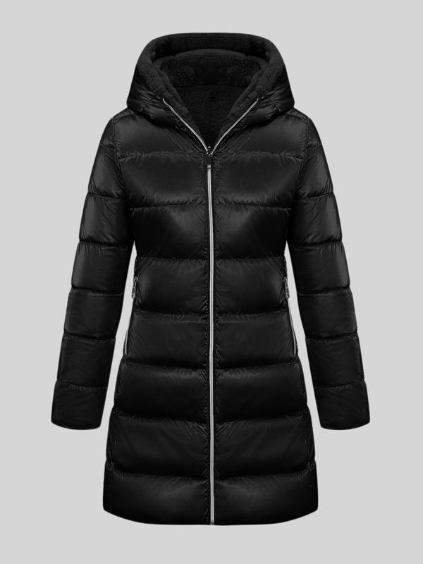 Women's Solid Zip Up Reversible Quilted Hooded Jacket, Casual Long Sleeve Pocket Design Thermal Outerwear for Fall & Winter, Women's Clothing for Daily Wear