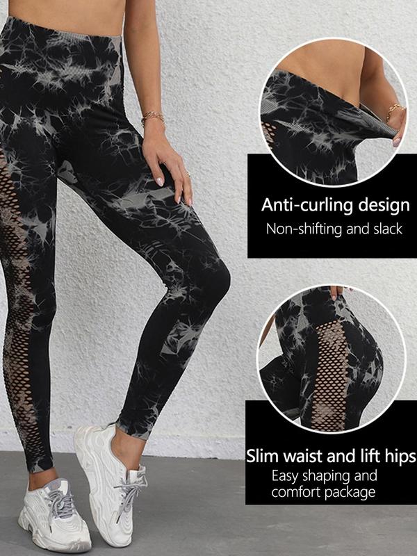 Women's Tie Dye Print Contrast Mesh Shapewear Leggings, Casual Comfy Breathable Seamless Skinny Pants for Daily Wear, Ladies Shapewear Bottoms for All Seasons