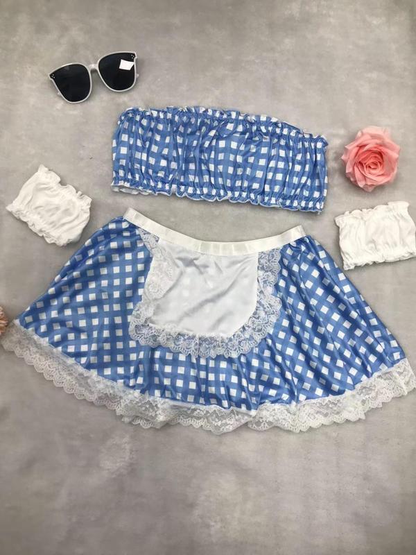 Women's Plaid Print Crop Tube Top & Patchwork Contrast Lace Skirt & Frill Trim Wristbands Set, Romantic Sexy Costume Set, Ladies Lingerie Nightwear