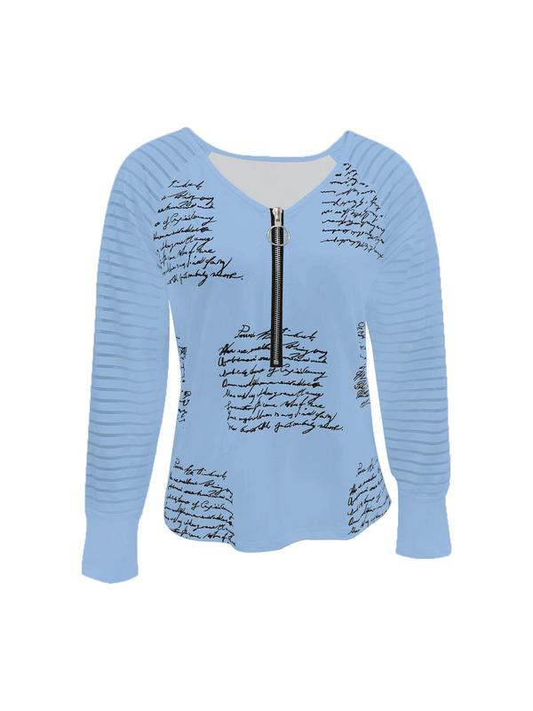 Women's Letter & Striped Print Zipper Raglan Sleeve Tee, T Shirts for Women, Casual Long Sleeve V Neck T-shirt for Spring & Fall, Summer Tops, Summer Clothes, Fashion Women's Top for Daily Wear