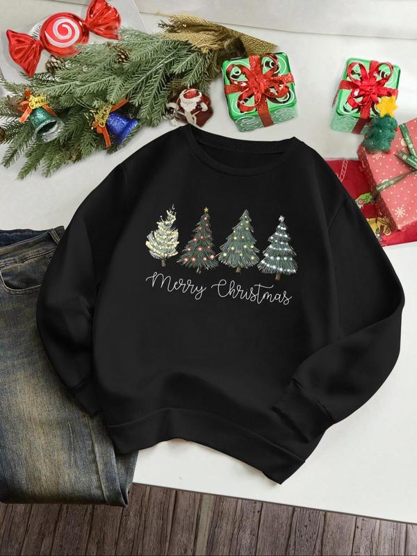 Women's Christmas Tree Print Crew Neck Sweatshirt, Casual Long Sleeve Pullover for Daily Wear, Ladies Clothes for All Seasons