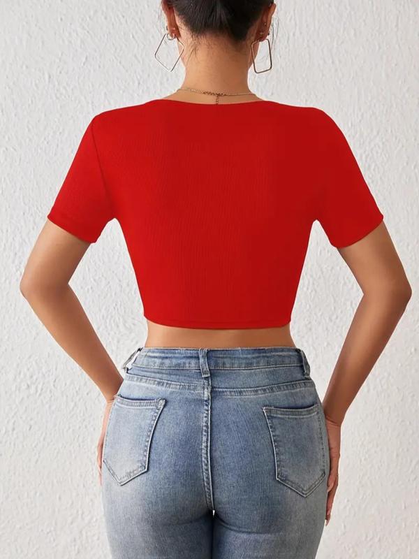 Women's Casual Minimalist Solid Square Neck Short Sleeve Ribbed Skinny Crop Tee, Summer Clothes Women, Lady Basic Trendy Slim-fit Shortsleeve T-shirt Crop Tops