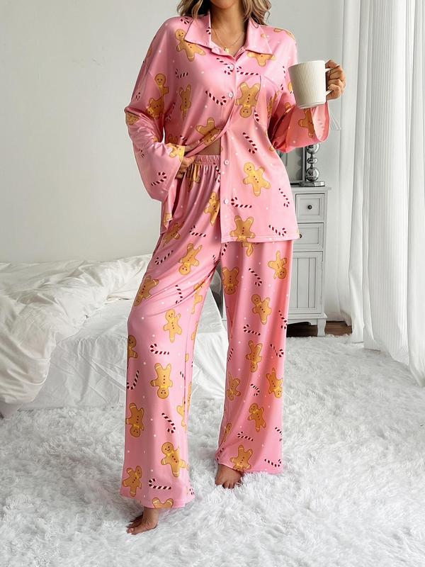 Two-Piece Set Women's Cherry Print Button Front Shirt & Pants Pyjama, Casual Comfy Drop Shoulder Long Sleeve Top & Trousers PJ Set, Ladies Sleepwear for All Seasons