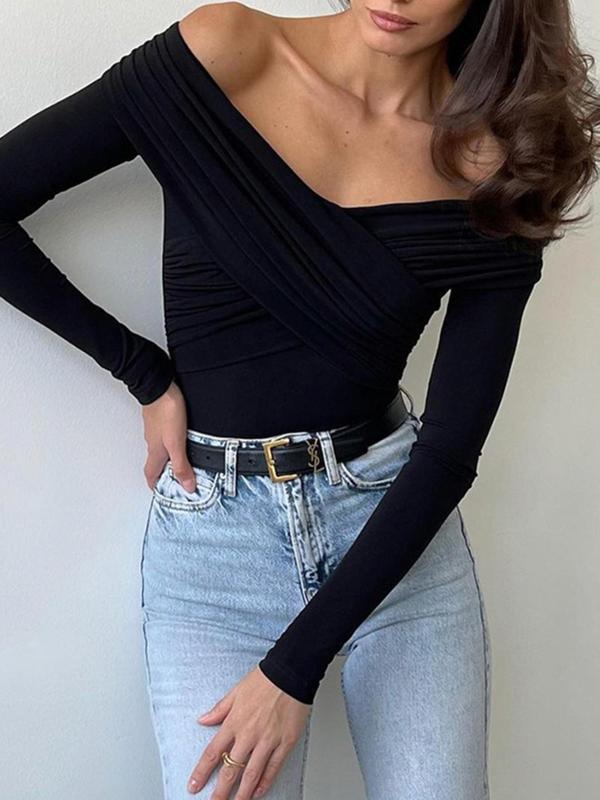 Women's Plain Wrapped Ruched Off Shoulder V Neck Tee, Elegant Casual Long Sleeve T-shirt for Spring & Fall, Women's Top for Dating Daily Wear