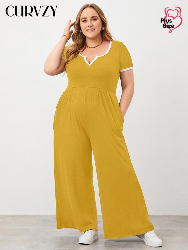 CURVZY Plus Size Contrast Binding Pocket Notched Neck Jumpsuit, Casual Comfort Breathable Short Sleeve Ribbed Jumpsuit for Summer & Fall, Women's Clothing for Daily Wear