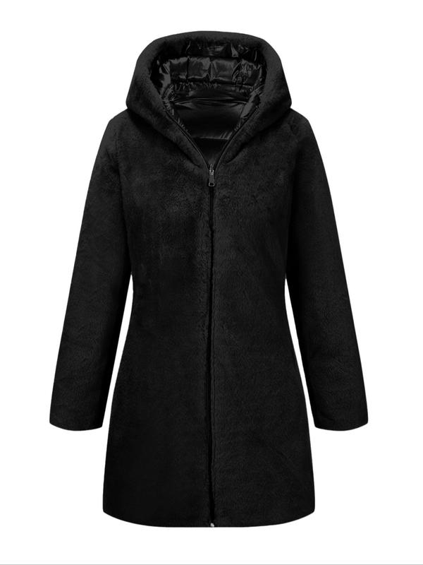 Women's Solid Zip Up Reversible Quilted Hooded Jacket, Casual Long Sleeve Pocket Design Thermal Outerwear for Fall & Winter, Women's Clothing for Daily Wear