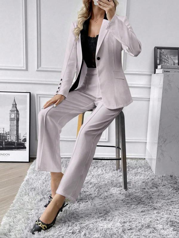 Women's Colorblock Suit Set, Business Button Flap Detail Lapel Blazer & Plain Plicated Pants Set, Ladies Spring & Fall Clothes