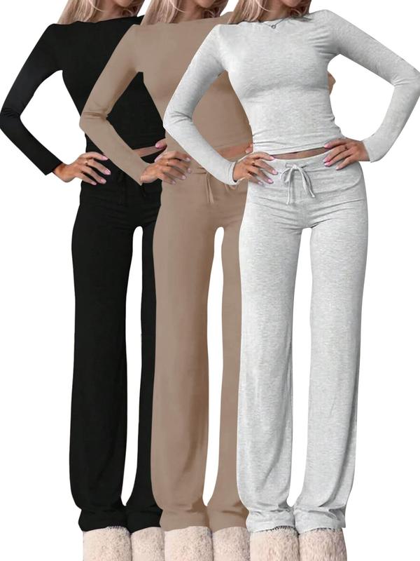 Women's Solid Long Sleeve Crop Tee & Drawstring Waist Pants Loungewear Set, Casual Comfy Round Neck Top & High Waist Trousers Pj Set, Ladies Sleepwear for Fall & Winter