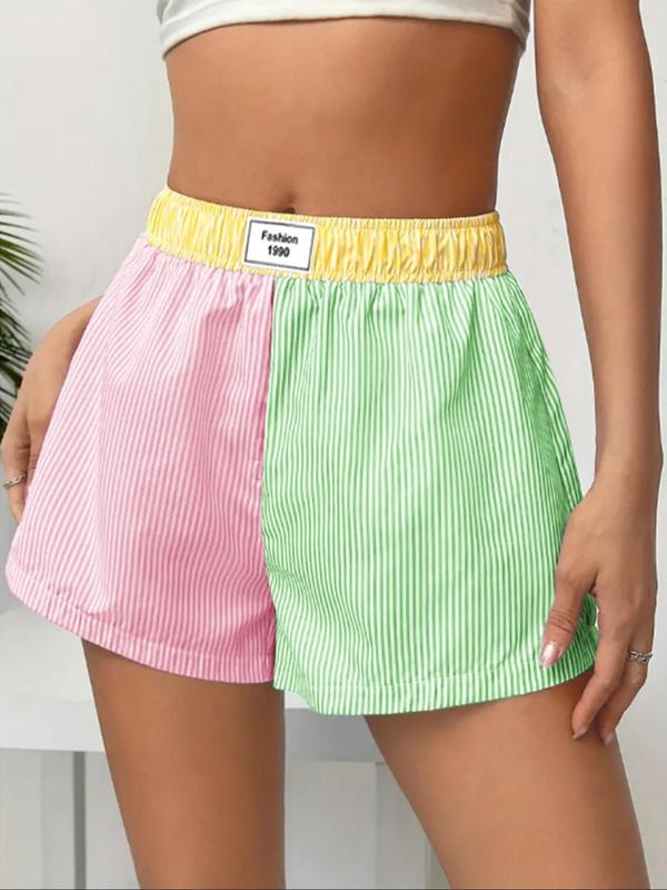 Women's Patchwork & Striped Print Elastic Waist Shorts, Casual Letter Patched Shorts, Shorts for Women, Comfy Shorts, Women's Bottoms for Daily Wear, Going Out Bottoms