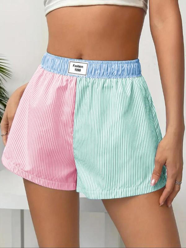 Women's Patchwork & Striped Print Elastic Waist Shorts, Casual Letter Patched Shorts, Shorts for Women, Comfy Shorts, Women's Bottoms for Daily Wear, Going Out Bottoms