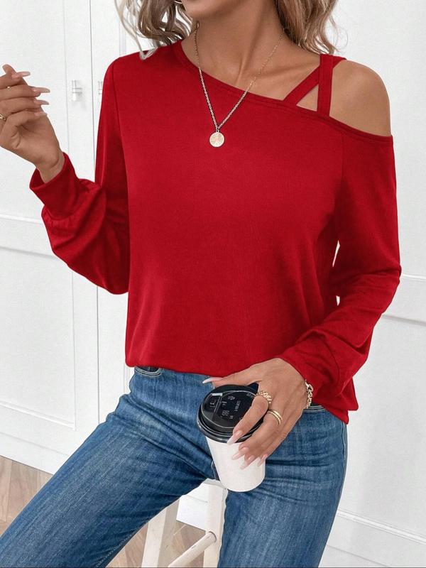 Women's Plain Criss Cross Asymmetrical Neck Tee, Elegant Casual Long Sleeve T-shirt for Spring & Fall, Women's Top for Daily Wear