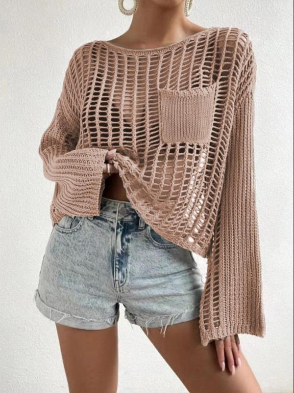 Women's Solid Hollow Out Round Neck Sweater, Back To School Casual Pocket Drop Shoulder Long Sleeve Jumper, Lady Knitwear, Summer Beach Cover Up, Spring Outfits 2024, Womenswear