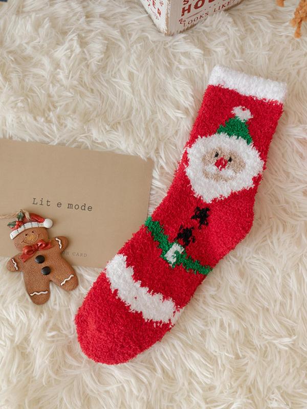 Random Women's Christmas Themed Print Crew Socks, 6 Pairs Casual Soft Comfortable Warm Fuzzy Socks for Fall & Winter, Women's Floor Socks for Daily Wear