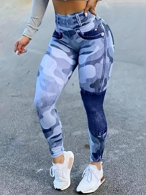 Faux Denim Print High Waist Leggings, Casual Patchwork Seamless Skinny Pants, Pants for Women, Going Out Bottoms, Women's Summer Bottoms for Yoga Gym Daily Wear