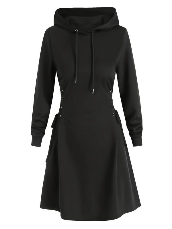 Women's Plain Lace Up Drawstring Hooded Dress, Casual Long Sleeve Dress for Spring & Fall, Women's Clothing for Daily Wear