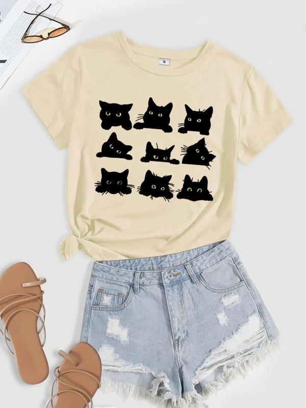 Women's Cartoon Cat Print Short Sleeve Tee, Casual Fashion Round Neck T-shirt, Summer Clothes Women, Women's Top for Daily Wear