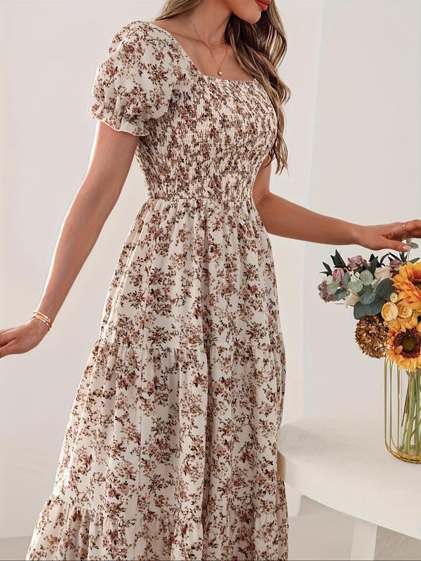 Women's Ditsy Floral Print Puff Sleeve Shirred Ruffle Hem A Line Dress, Boho Fashion Square Neck Short Sleeve Long Dress for Daily Holiday Vacation Wear, Ladies Dress for Summer