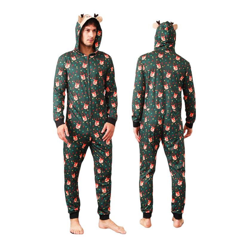 Family Christmas Pajamas Couples Kids Matching Lounge Sets Long Sleeve Hooded Deer Print Zipper Jumpsuit Sleepwear