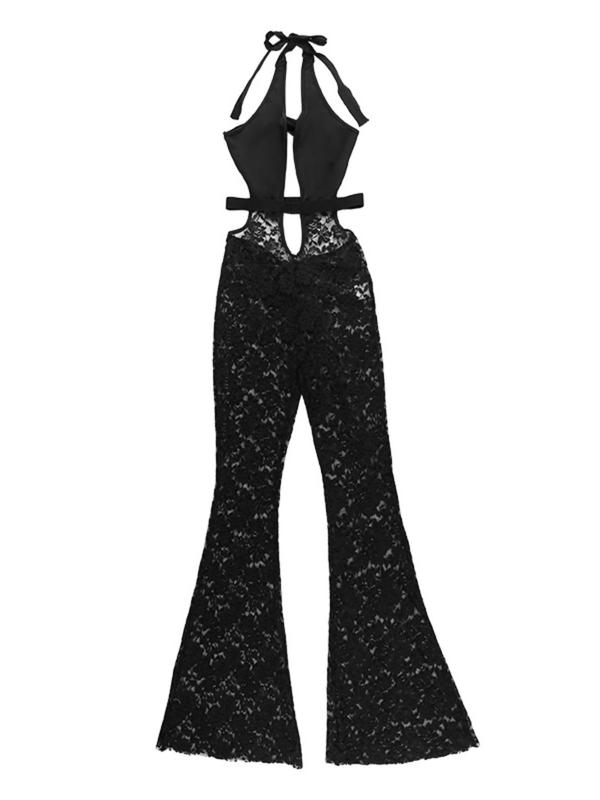 Women's Cut Out Backless Floral Lace Halter Jumpsuit, Sexy Fashion Tie Back Sleeveless Jumpsuit for Daily Wear, Ladies Clothes for All Seasons