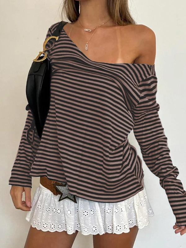 Women's Striped Print V Neck Tee, Casual Top, Long Sleeve T-shirt for Fall & Winter, Women's Clothing for Daily Wear