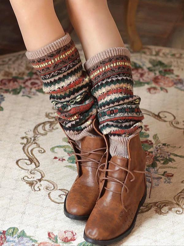 Women's Ethnic Pattern Over The Calf Socks, Casual Cozy Warm Leg Warmers for Fall & Winter, Women's Socks for Daily Wear