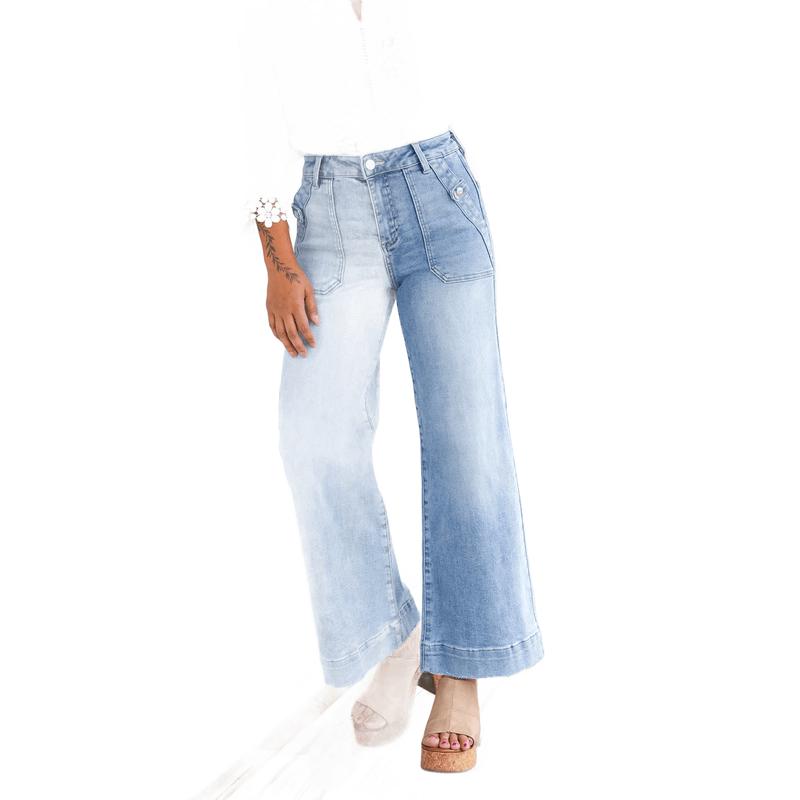 Risen High Rise Light Wash Ankle Wide Leg Patch Front Pocket Jeans