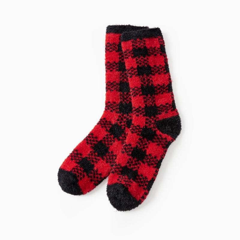 PatPat Christmas Socks Furry Red&Black Plaid Matching for the Whole Family