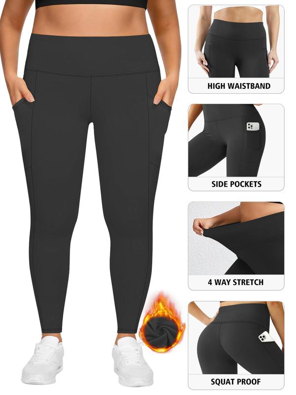 Womenswear Solid Thermal Lined High Waist Leggings, Comfort Legging Pants, Comfy Warm Pocket Skinny Pants for Fall & Winter, Plus Size Leggings, Women's Bottoms for Daily Wear