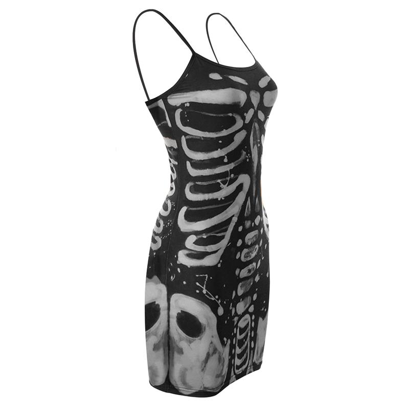 Women Halloween Gothic Bodycon Dress Vintage Spaghetti Strap Sleeveless Skeleton Print Punk Cosplay Dress Goth Grunge Streetwear