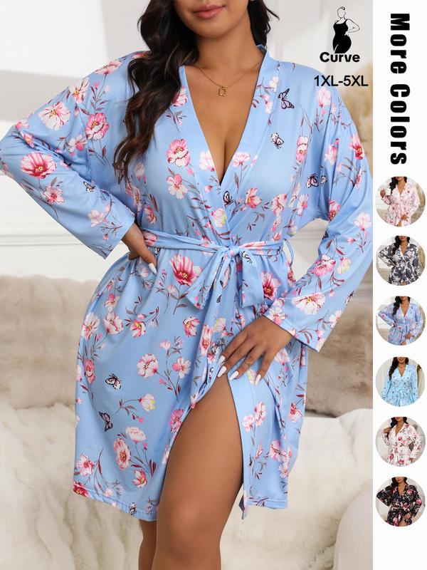 Plus Size Butterfly & Floral Print Belted Wrap Lounge Robe, Casual Long Sleeve V Neck Tie Front Pajama Robe,  Pajama Sets Women, Women's Sleepwear for All Seasons